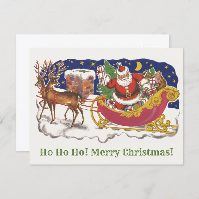 Vintage Christmas, Jolly Santa Claus with Sleigh Postcard (Front/Back)