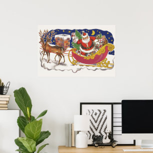 Vintage Christmas, Jolly Santa Claus with Sleigh Poster