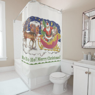 Vintage Christmas, Jolly Santa Claus with Sleigh Shower Curtain