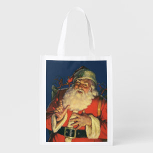 Vintage Christmas, Jolly Santa Claus with Toys Grocery Bag