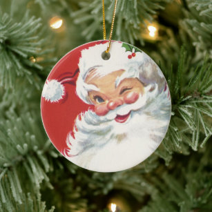 Vintage Christmas, Jolly Winking Santa Claus Ceramic Ornament