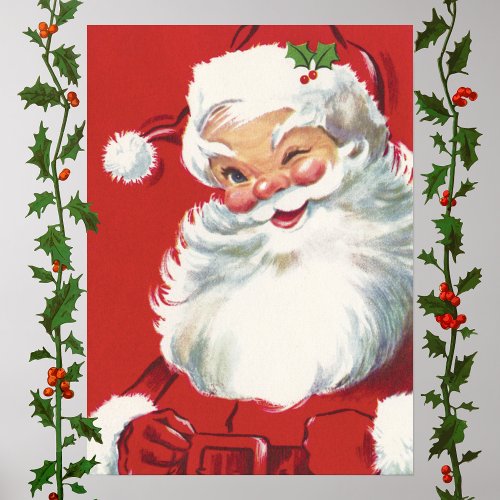 Vintage Christmas Jolly Winking Santa Claus Poster
