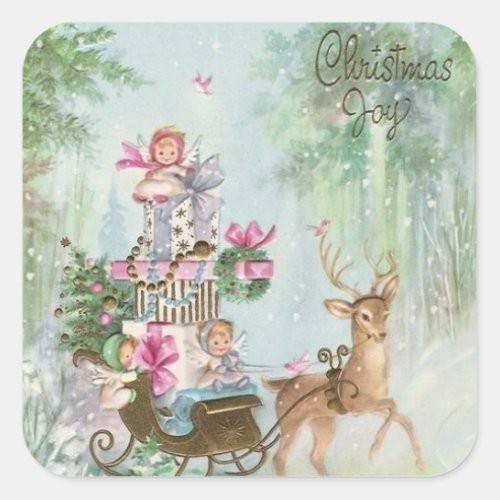 Vintage Christmas Joy Angels On a Sleigh Square Sticker
