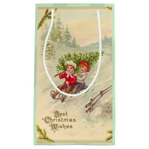 Vintage Christmas Kids Sledding Small Gift Bag