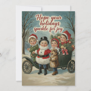 Vintage Christmas Kids Sparkling Greeting Holiday Card