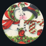 Vintage Christmas Kiss Classic Round Sticker<br><div class="desc">Vintage snow people sharing a Christmas kiss. Cute Christmas gifts.</div>