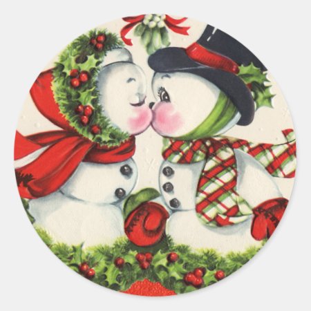 Vintage Christmas Kiss Classic Round Sticker