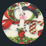 Vintage Christmas Kiss Classic Round Sticker<br><div class="desc">Vintage snow people sharing a Christmas kiss. Cute Christmas gifts.</div>