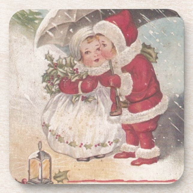 Vintage Christmas Kiss Drink Coaster (Front)