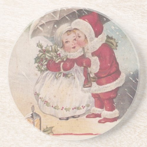 Vintage Christmas Kiss Drink Coaster