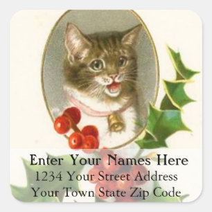 Vintage Christmas Kitten And Holly Address Label