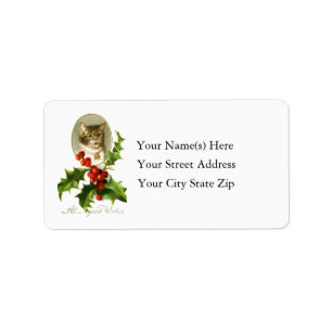 Vintage Christmas Kitten And Holly Address Label