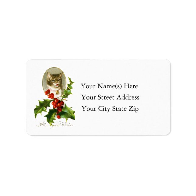 Vintage Christmas Kitten And Holly Address Label (Front)
