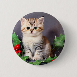 Vintage Christmas Kitten and Holly Button