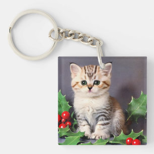 Vintage Christmas Kitten and Holly Keychain