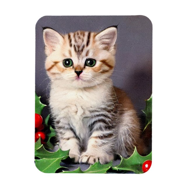 Vintage Christmas Kitten and Holly Magnet (Vertical)