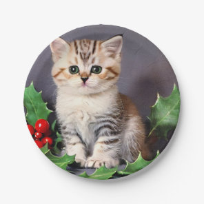 Vintage Christmas Kitten and Holly Paper Plates