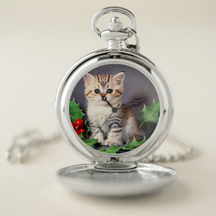 Vintage Christmas Kitten and Holly Pocket Watch