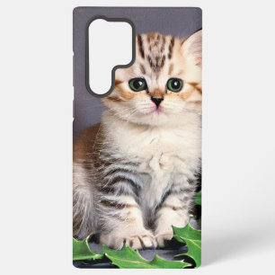 Vintage Christmas Kitten and Holly Samsung Galaxy S22 Ultra Case
