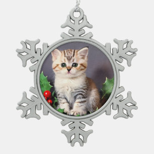 Vintage Christmas Kitten and Holly Snowflake Pewter Christmas Ornament