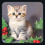 Vintage Christmas Kitten and Holly Square Sticker<br><div class="desc">Stickers featuring a vintage Christmas kitten and holly! An adorable kitty with green eyes poses with boughs of holly. A merry gift for the Christmas season and cat lovers!</div>