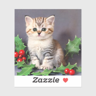 Vintage Christmas Kitten and Holly Sticker