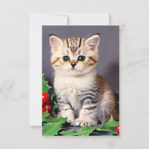 Vintage Christmas Kitten and Holly Thank You Card