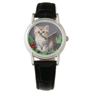 Vintage Christmas Kitten and Holly Watch