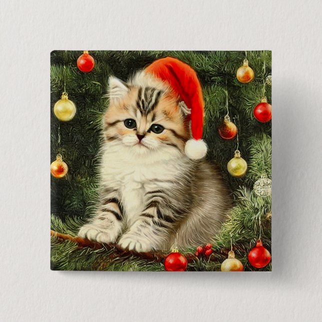 Vintage Christmas Kitten Button (Front)