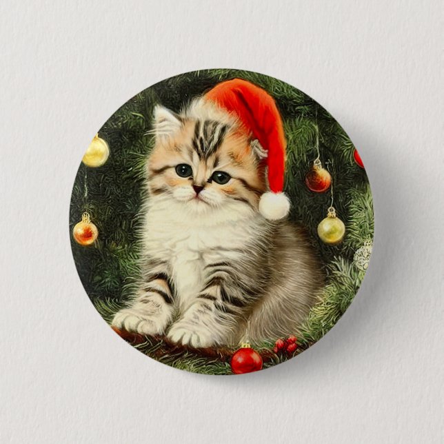 Vintage Christmas Kitten Button (Front)
