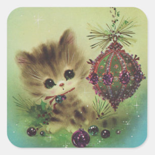 Vintage Christmas Kitten By ornament Square Sticker