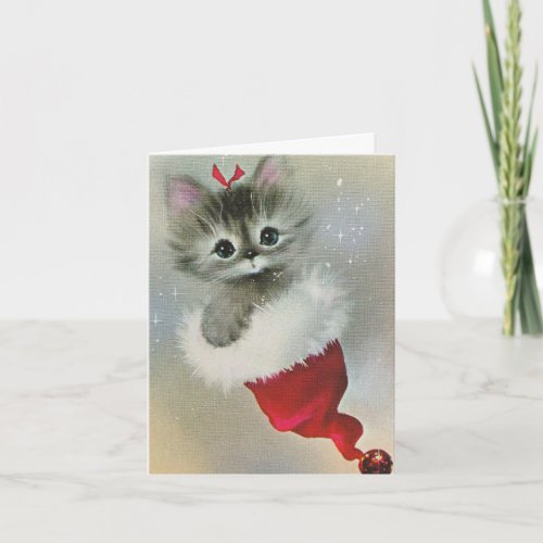 Vintage Christmas Kitten Cat in a Santa Hat Holiday Card