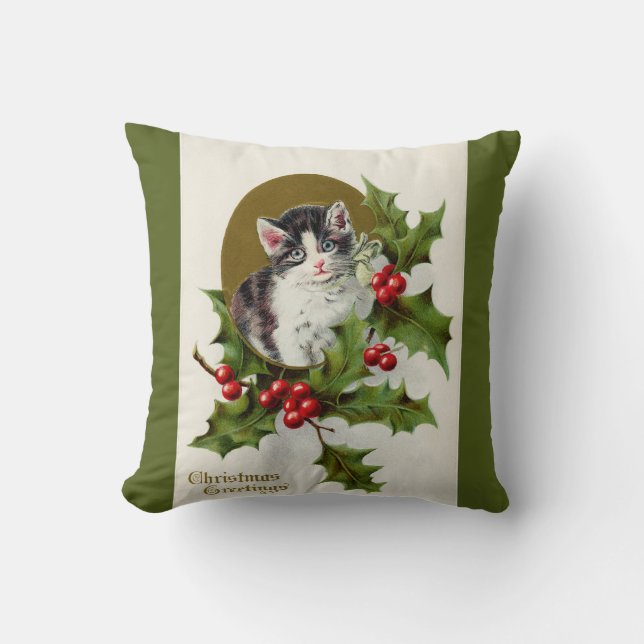 Vintage Christmas Kitten Green Throw Pillow (Front)
