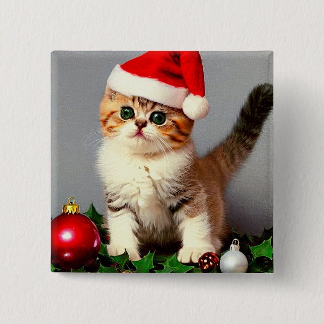 Vintage Christmas Kitten in Santa Hat Button (Front)