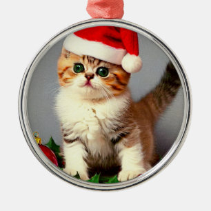 Vintage Christmas Kitten in Santa Hat Metal Ornament