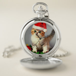 Vintage Christmas Kitten in Santa Hat Pocket Watch