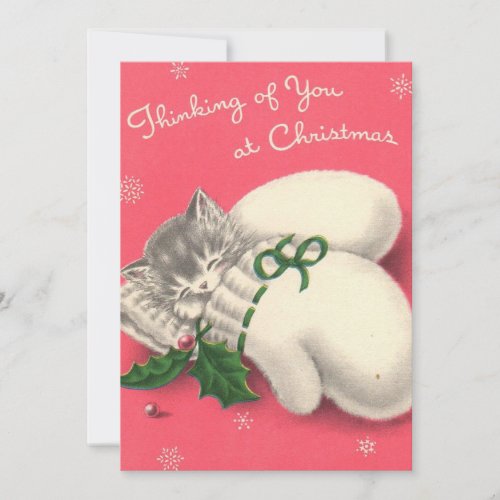 Vintage Christmas Kitten Mittens Holiday Card