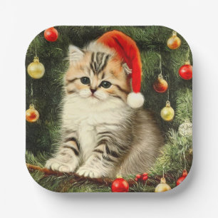 Vintage Christmas Kitten Paper Plates