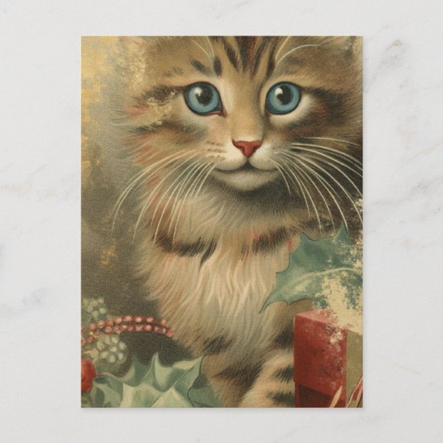 Vintage Christmas Kitten Postcard (Front)