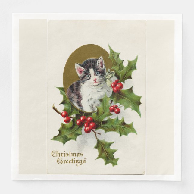 Vintage Christmas Kitten White Paper Dinner Napkins (Front)