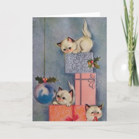 Vintage Christmas Kittens And Gifts Holiday Card