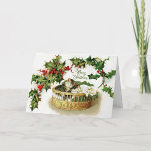Vintage Christmas Kittens in Basket, Holly Berry Holiday Card