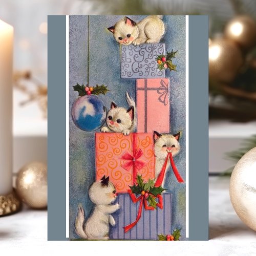Christmas Greeting Cards 13 Vintage Christmas Kittens Playing On Gifts Holiday Postcard