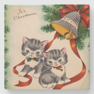 Vintage Christmas Kittens Stone Coaster