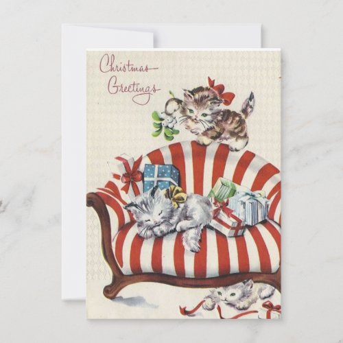 Vintage Christmas Kittens With Gifts On Couch  Holiday Card