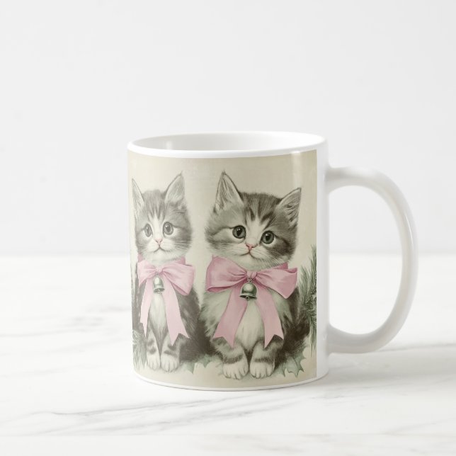 Vintage Christmas Kittens with Pink Bows Coffee Mug (Right)