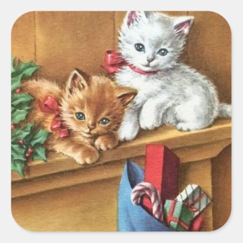 Vintage Christmas Kitties On Mantle Square Sticker
