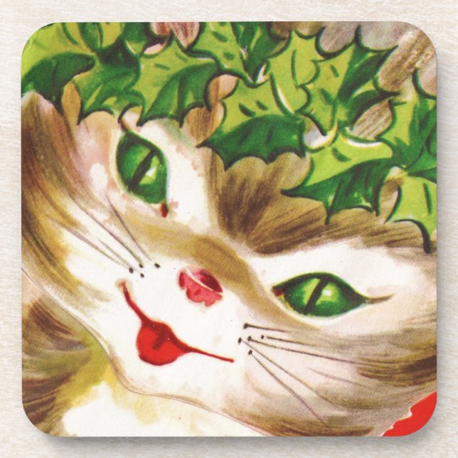 vintage Christmas kitty Beverage Coaster (Front)