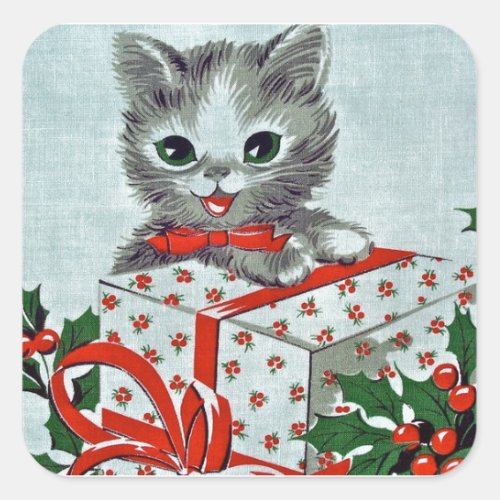 Vintage Christmas Kitty Cat With Gift Square Sticker