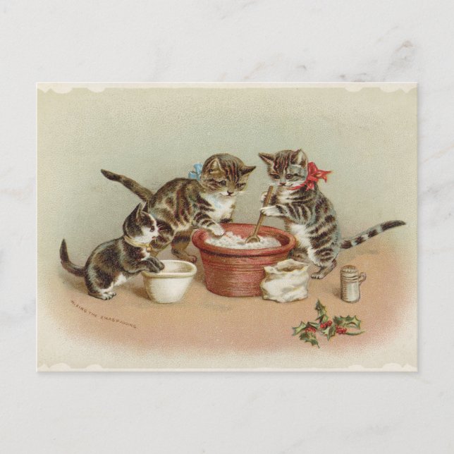 Vintage Christmas Kitty Cats Making Pudding Holiday Postcard (Front)
